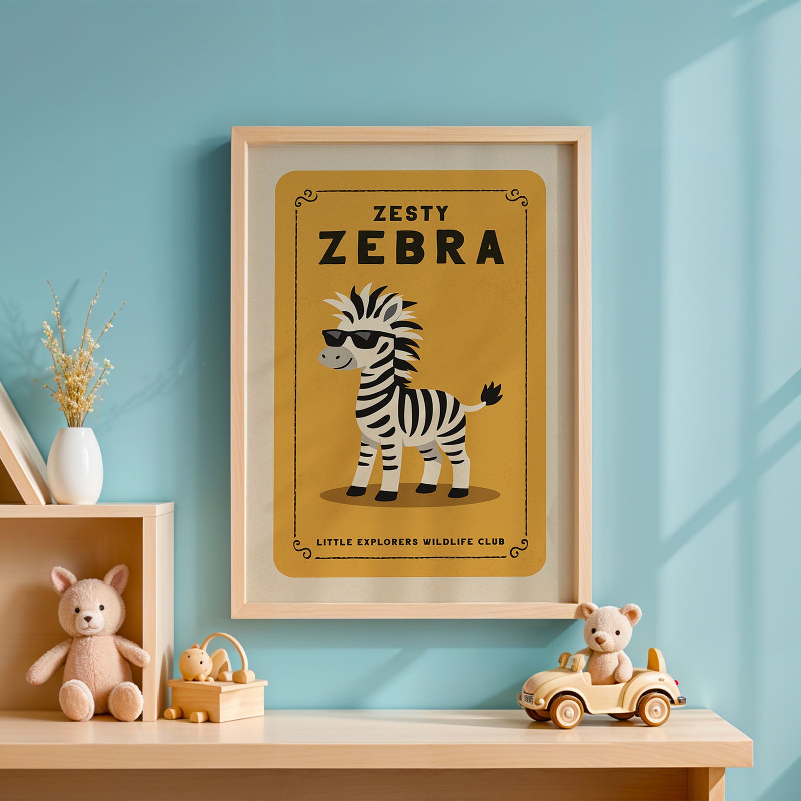 a framed poster of a zebra wearing sunglasses, placed on a wall above a wooden shelf with various toys and decorations.