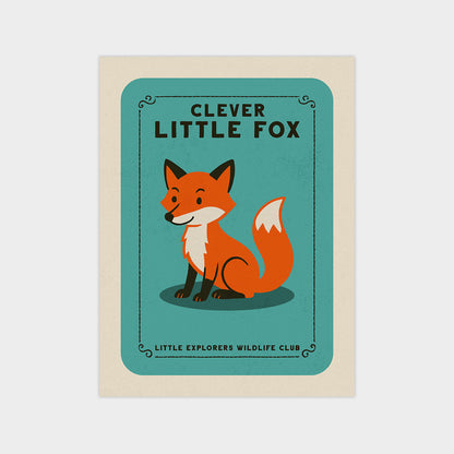 a cartoon illustration of a fox, with the text "CLEVER LITTLE FOX" and "LITTLE EXPLORERS WILDLIFE CLUB" displayed around the image.