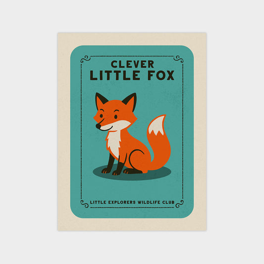 a cartoon illustration of a fox, with the text "CLEVER LITTLE FOX" and "LITTLE EXPLORERS WILDLIFE CLUB" displayed around the image.