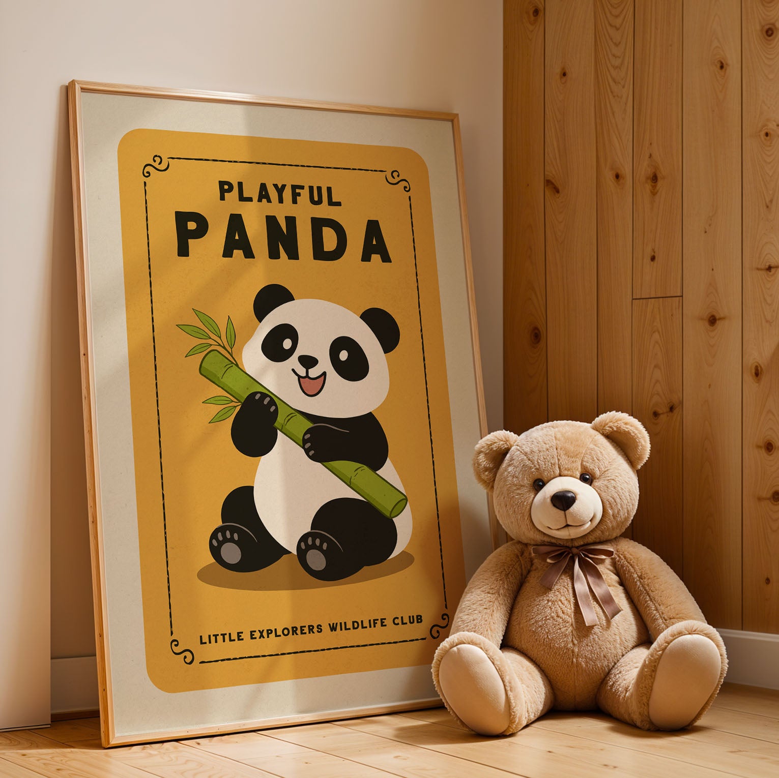 A framed poster of a panda holding bamboo sticks is displayed next to a brown teddy bear on a wooden floor.