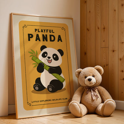 A framed poster of a panda holding bamboo sticks is displayed next to a brown teddy bear on a wooden floor.