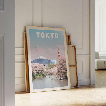 A framed poster of Tokyo, Japan, featuring a scenic view of the city with cherry blossoms and the Tokyo Tower in the background.