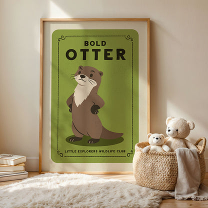 a framed poster of an otter, with a basket of stuffed animals next to it.