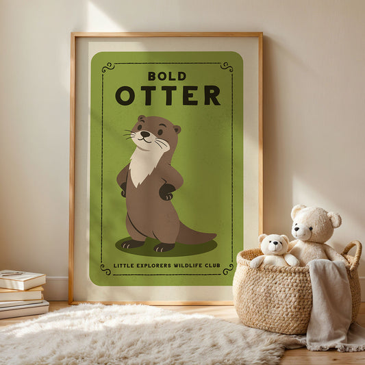 a framed poster of an otter, with a basket of stuffed animals next to it.