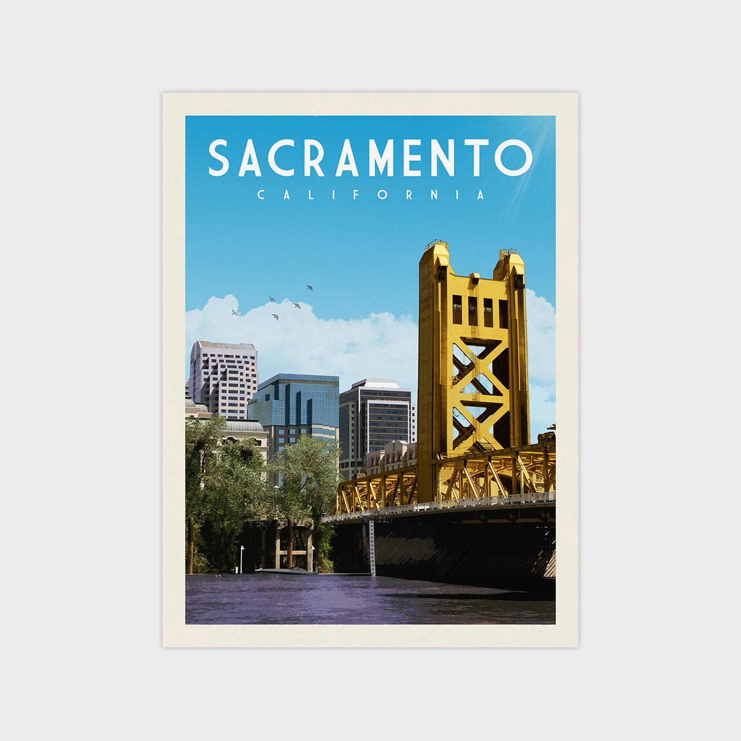 A poster of the Golden Gate Bridge in Sacramento, California, with the city skyline in the background.
