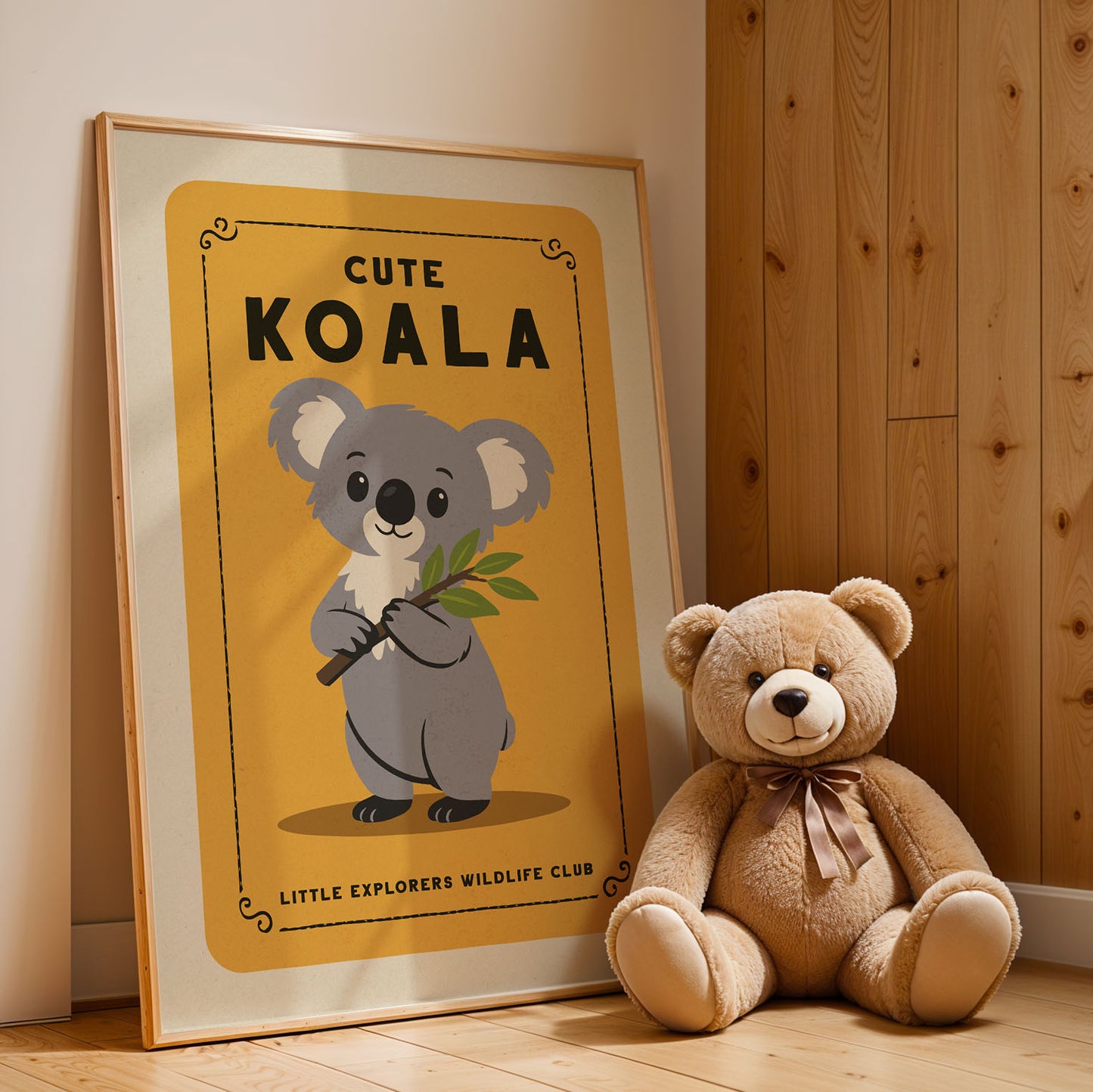 a framed poster of a koala bear next to a stuffed teddy bear on a wooden floor.