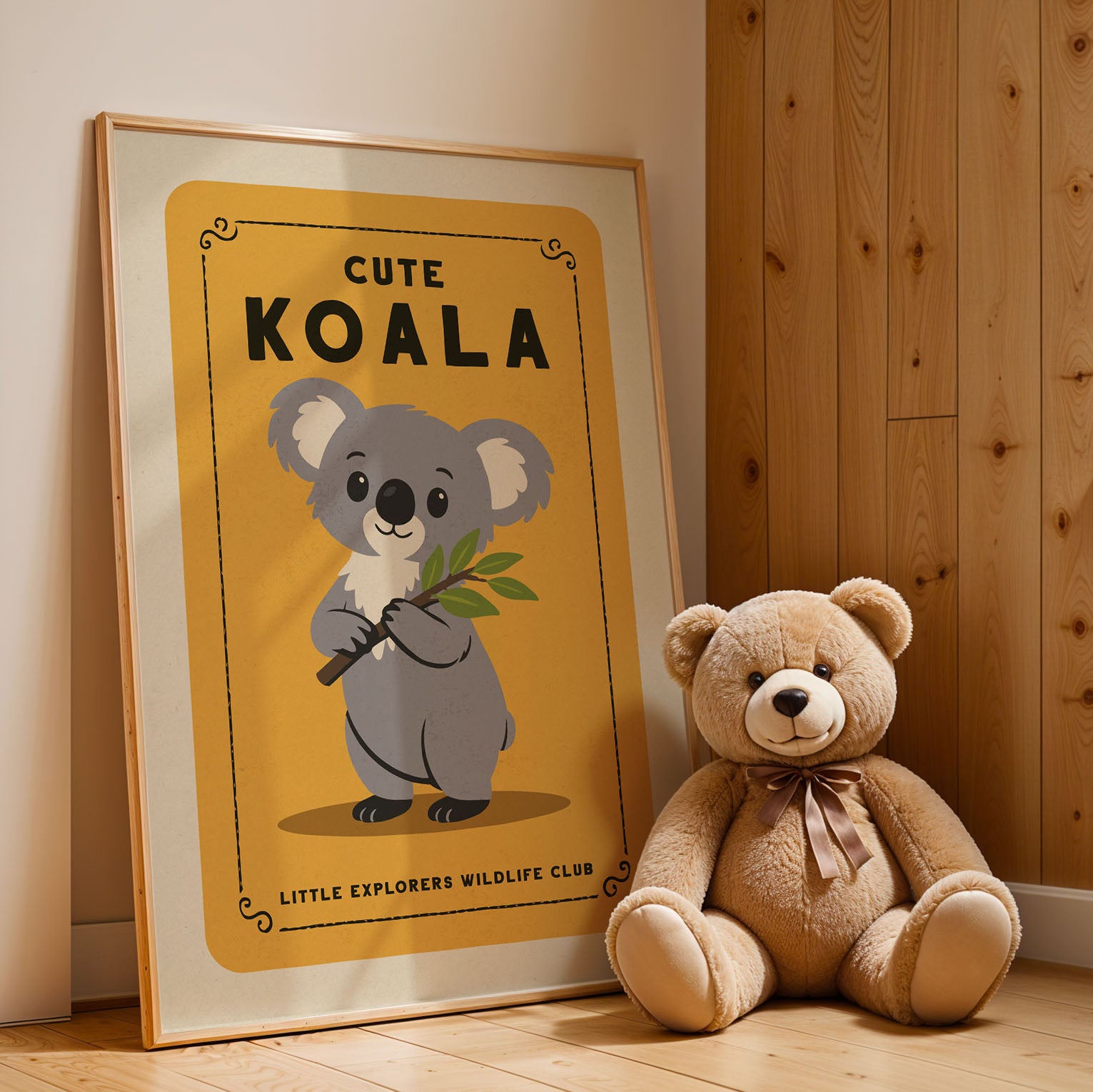 a framed poster of a koala bear next to a stuffed teddy bear on a wooden floor.