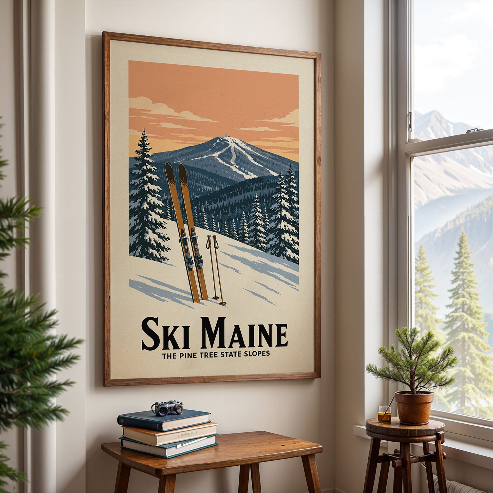 A framed poster of a snowy mountain landscape with ski equipment is displayed on a wall, with a small table and a potted plant in the foreground.