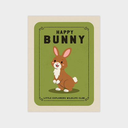 a cartoon rabbit on a green background with the text "HAPPY BUNNY" and "LITTLE EXPLORERS WILDLIFE CLUB" below it.