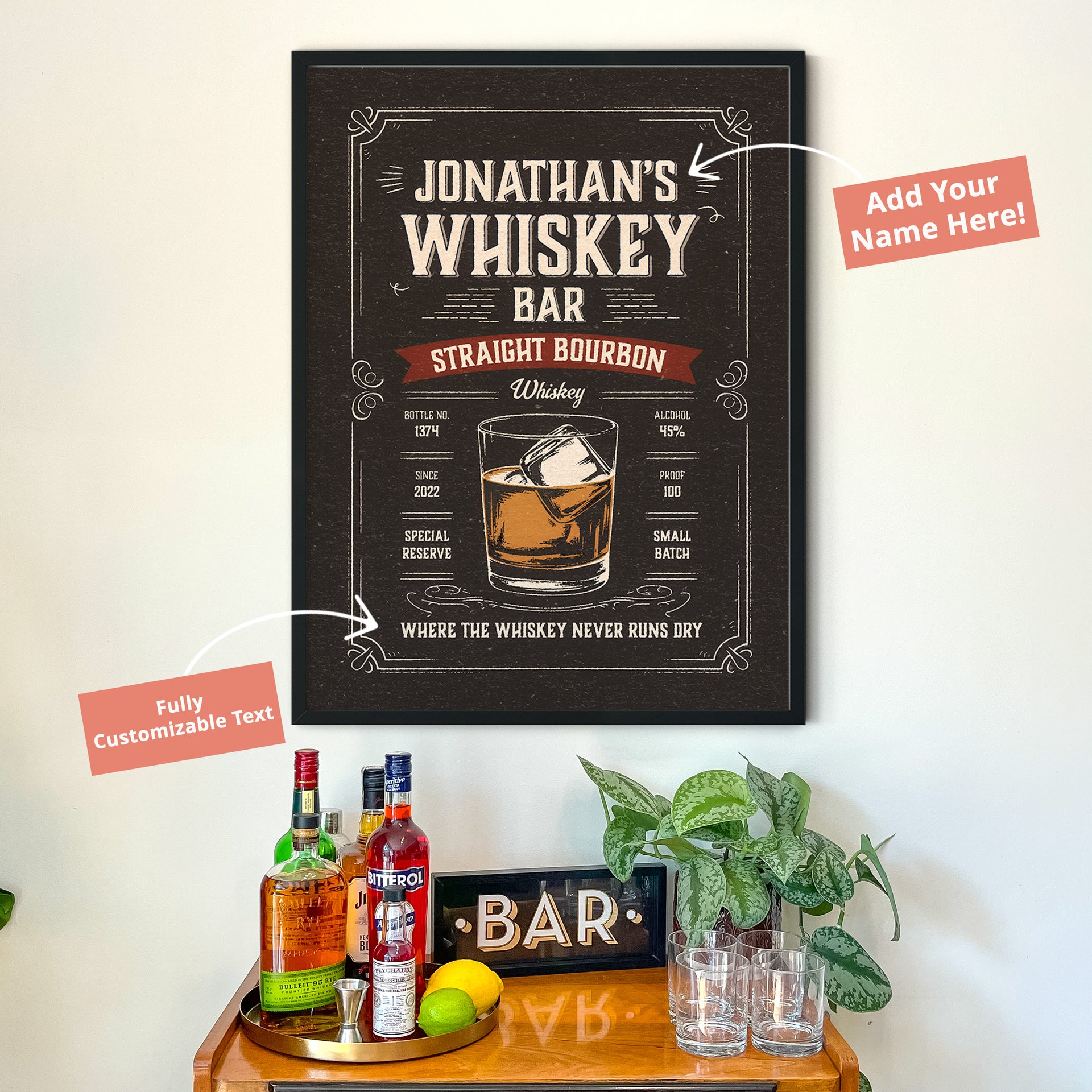 Whiskey Bar - Personalized Cocktail Bar Poster - 16x20" / Framed Print