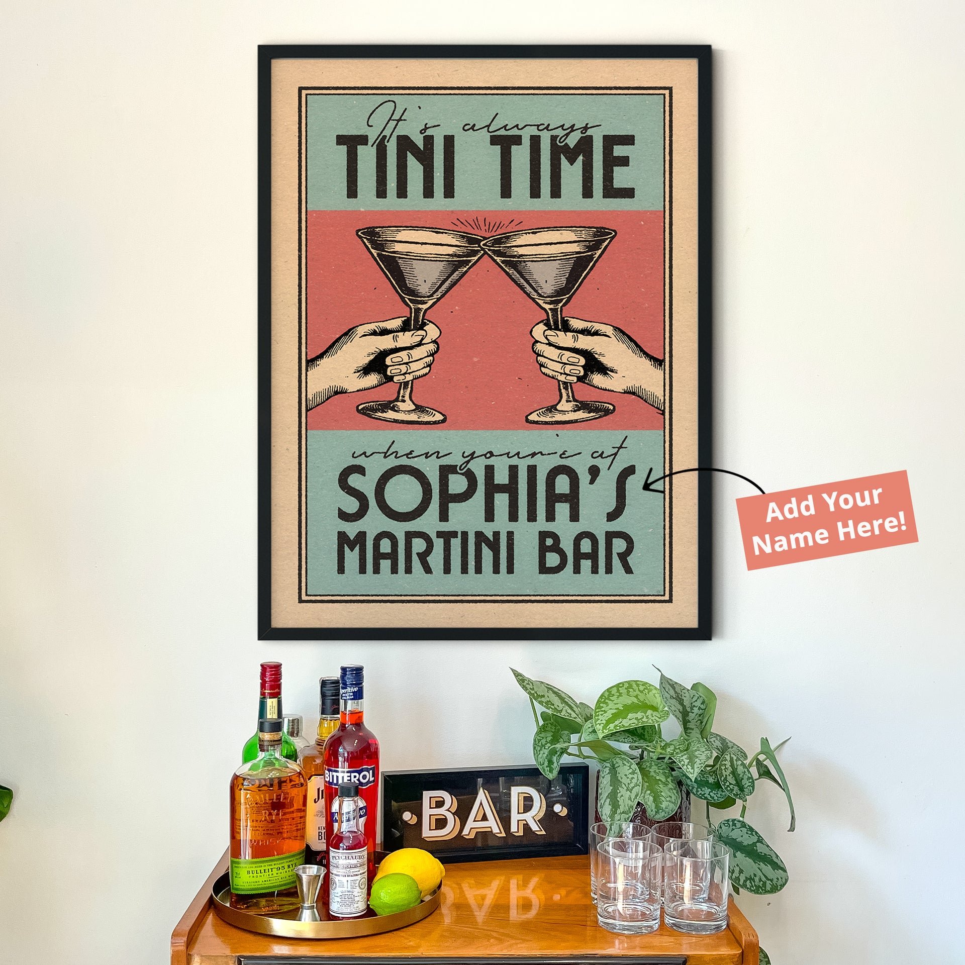 Tini Time Martini Bar - Personalized Cocktail Bar Poster - 16x20" / Framed Print