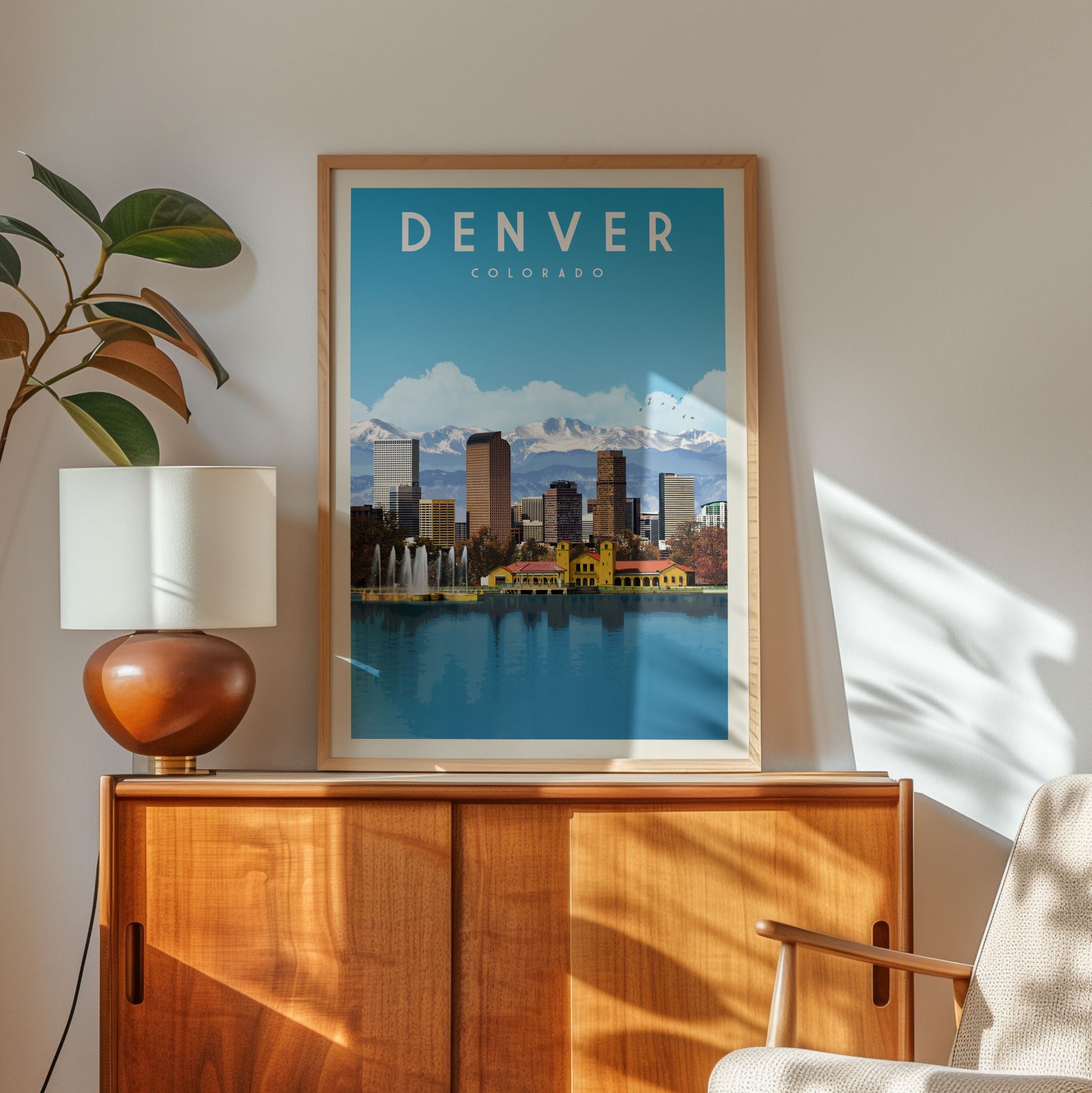 a framed poster of the Denver skyline, with a wooden cabinet and a lamp in the foreground.