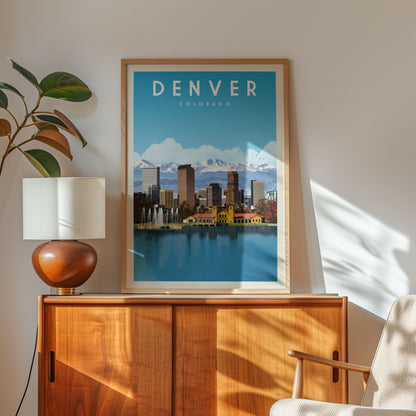 a framed poster of the Denver skyline, with a wooden cabinet and a lamp in the foreground.