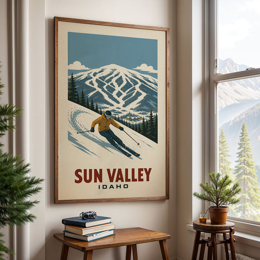 a framed poster of a skier in a snowy mountain landscape, with the text "SUN VALLEY IDAHO" below the image.