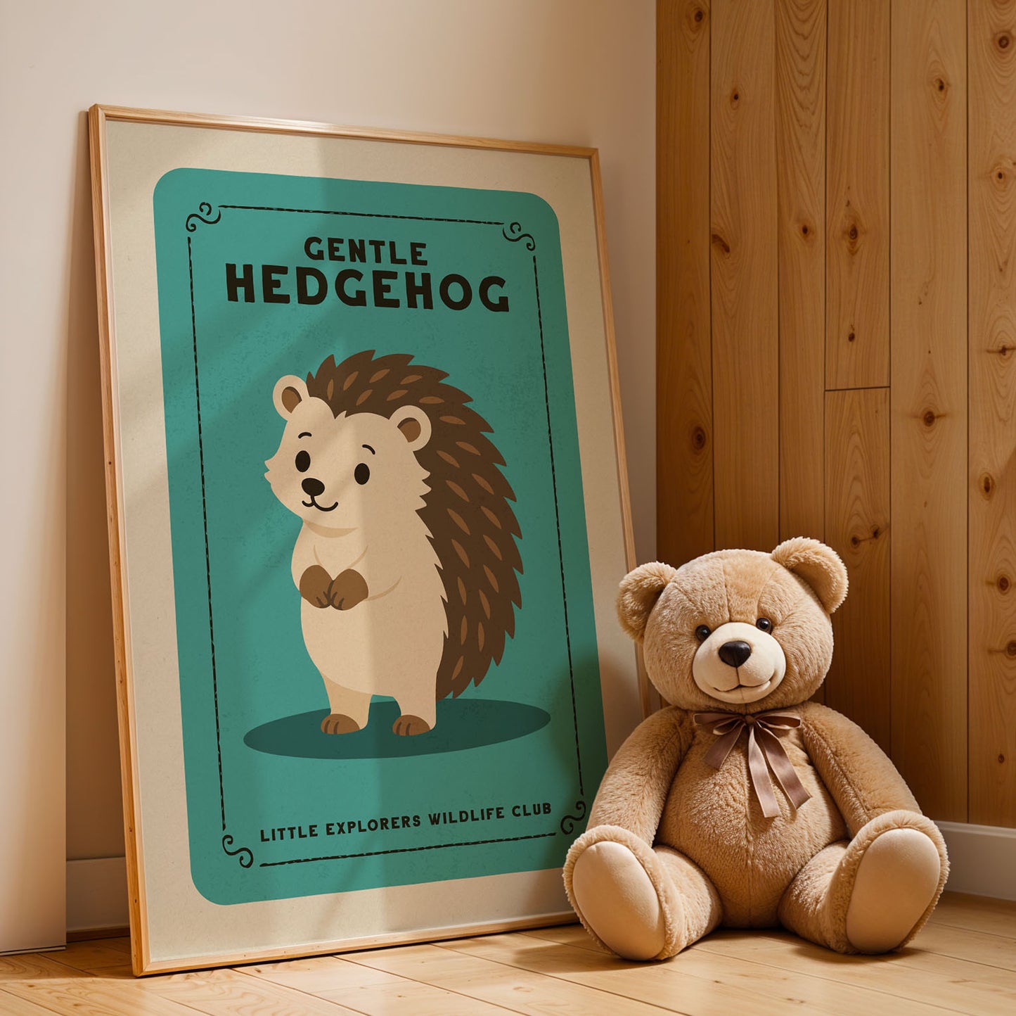 A framed poster of a hedgehog is leaning against a wooden wall, with a teddy bear sitting next to it on the floor.