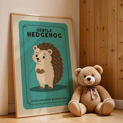 A framed poster of a hedgehog is leaning against a wooden wall, with a teddy bear sitting next to it on the floor.