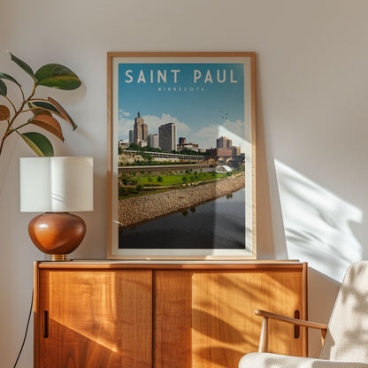 a framed poster of the Saint Paul, Minnesota skyline, with a wooden cabinet and a lamp in the foreground.