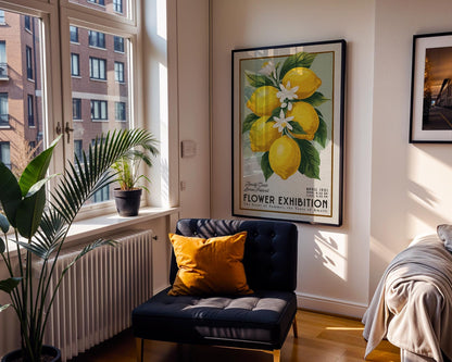 a room with a chair and a poster on the wall