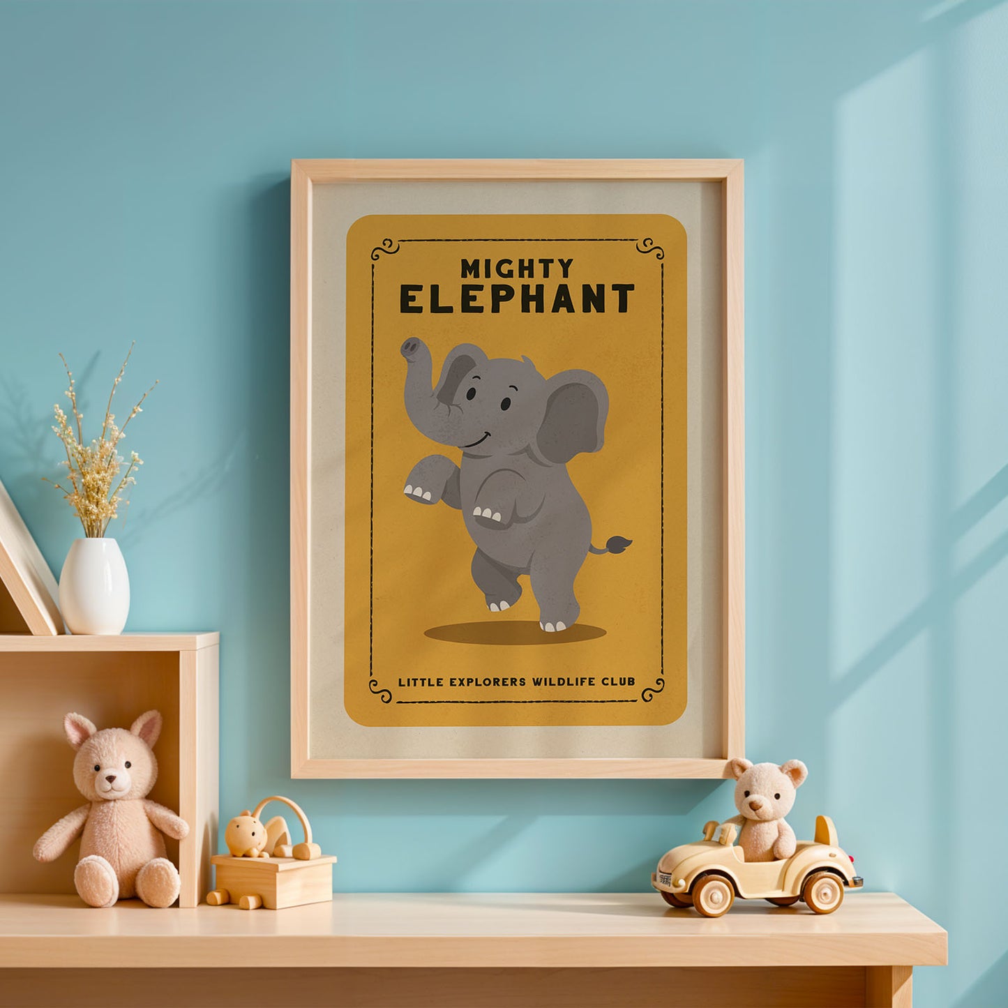 a framed poster of a cartoon elephant, a wooden toy car, and a stuffed animal on a shelf against a blue wall.