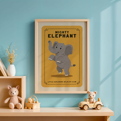 a framed poster of a cartoon elephant, a wooden toy car, and a stuffed animal on a shelf against a blue wall.