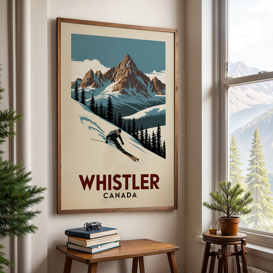 A framed poster of a skier in the mountains of Whistler, Canada, hangs on a wall next to a window overlooking pine trees.