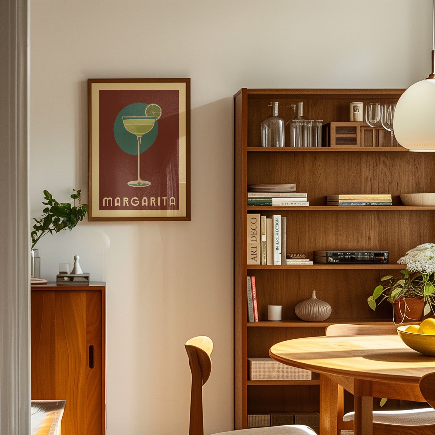 a cozy living room with a framed poster of a margarita glass on the wall, a wooden bookshelf filled with books and decorative items, and a wooden dining table with chairs.