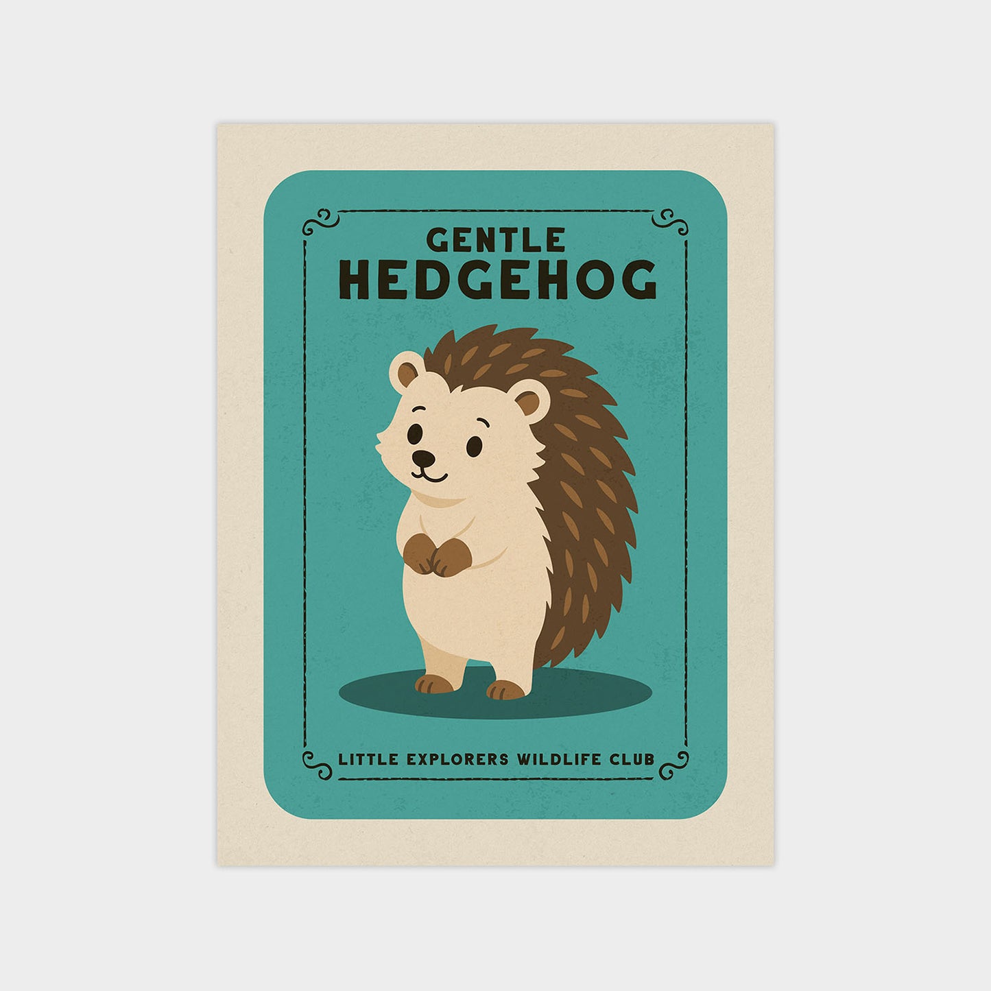 A cartoon illustration of a hedgehog with a light brown body and dark brown spines, standing on a light blue background. The hedgehog is wearing a light brown shirt and has a small black nose. The text "GENTLE HEDGEHOG" is written above the hedgehog, and "LITTLE EXPLORERS WILDLIFE CLUB" is written below the hedgehog.