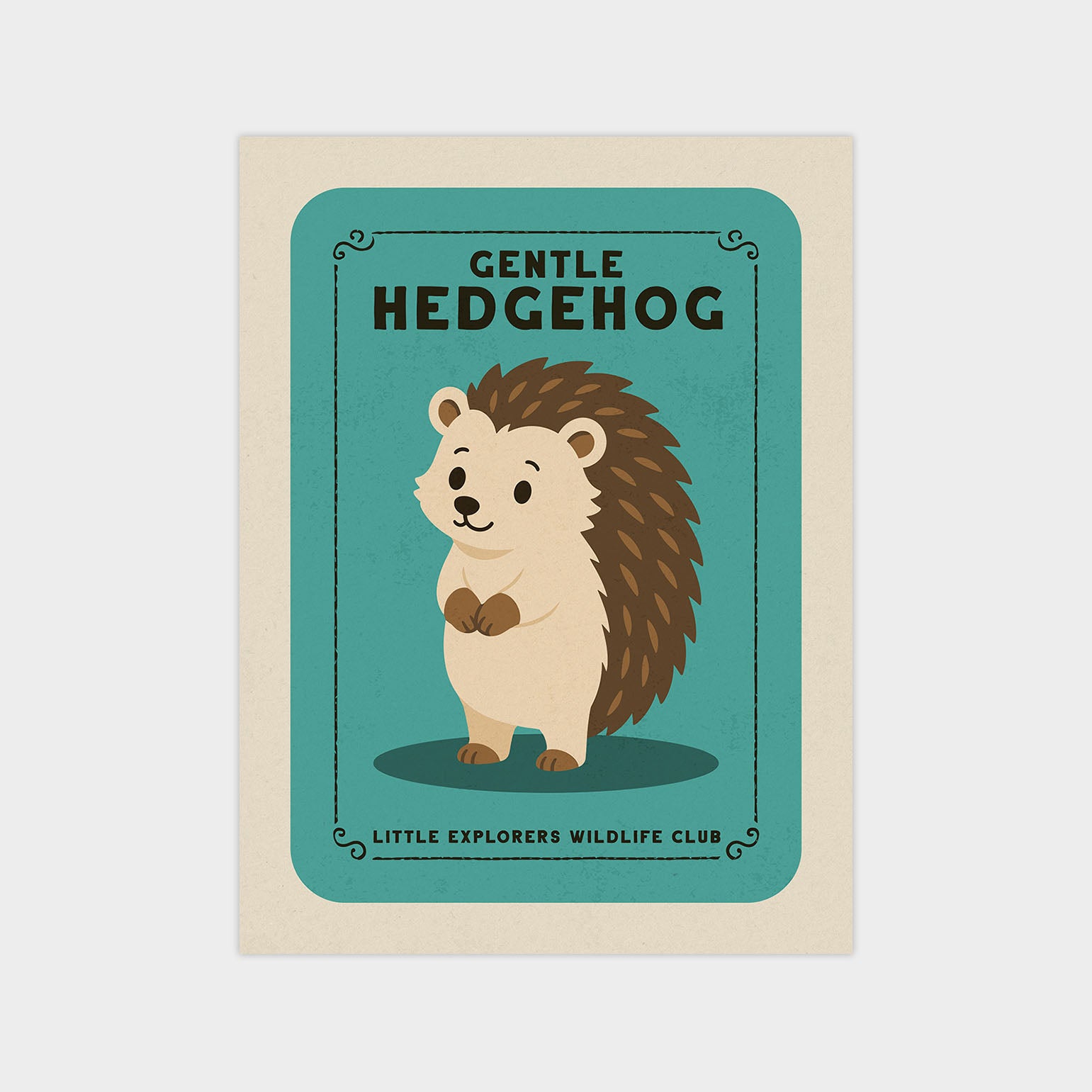 A cartoon illustration of a hedgehog with a light brown body and dark brown spines, standing on a light blue background. The hedgehog is wearing a light brown shirt and has a small black nose. The text "GENTLE HEDGEHOG" is written above the hedgehog, and "LITTLE EXPLORERS WILDLIFE CLUB" is written below the hedgehog.