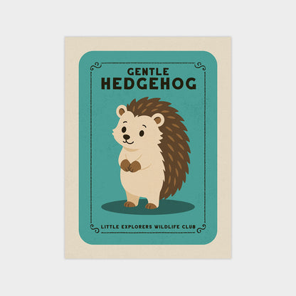 A cartoon illustration of a hedgehog with a light brown body and dark brown spines, standing on a light blue background. The hedgehog is wearing a light brown shirt and has a small black nose. The text "GENTLE HEDGEHOG" is written above the hedgehog, and "LITTLE EXPLORERS WILDLIFE CLUB" is written below the hedgehog.