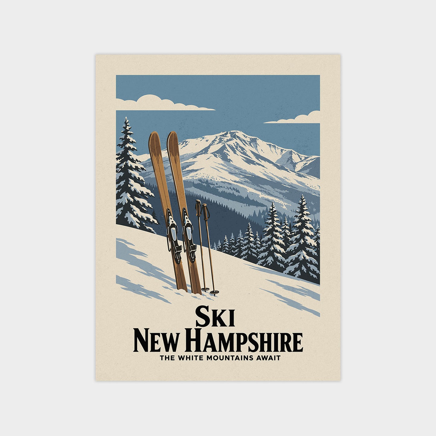 A vintage-style illustration of a snowy mountain landscape with two skis and poles, along with the text "Ski New Hampshire The white mountains await".