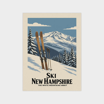 A vintage-style illustration of a snowy mountain landscape with two skis and poles, along with the text "Ski New Hampshire The white mountains await".