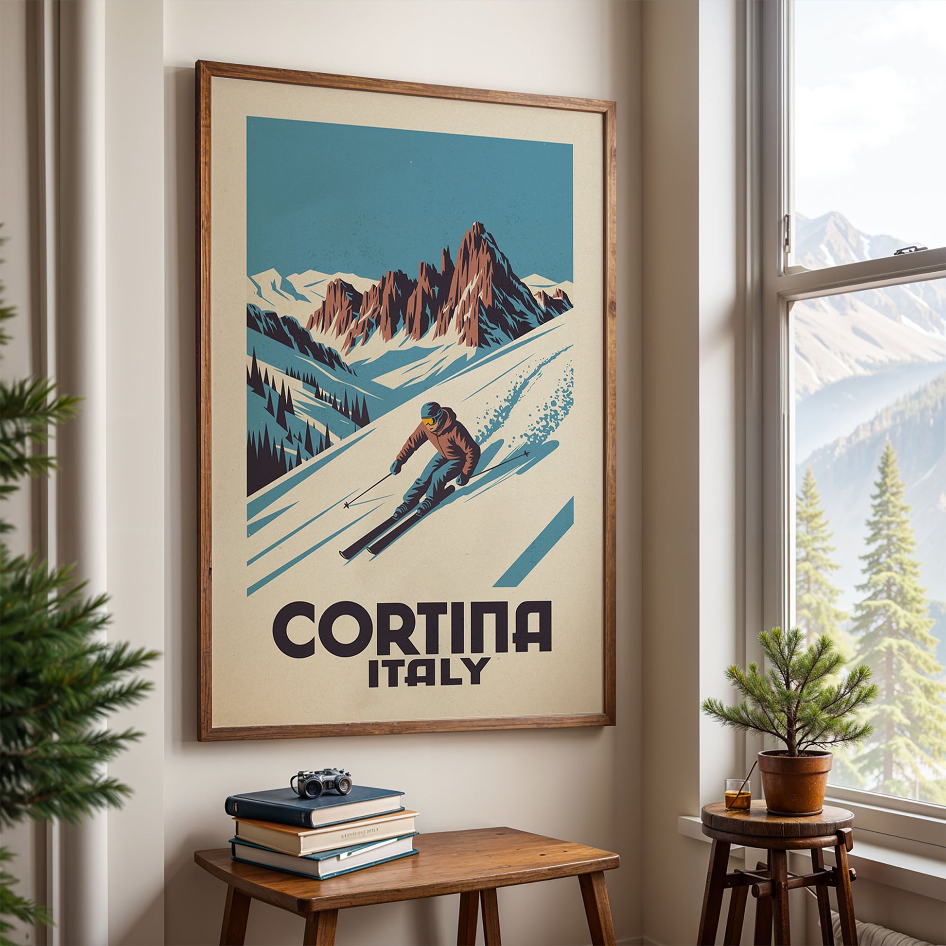 a framed poster of a skier on a snowy mountain, with the text "CORTINA ITALY" prominently displayed. The poster is hanging on a wall, and there is a small table with a plant and some books in front of it.
