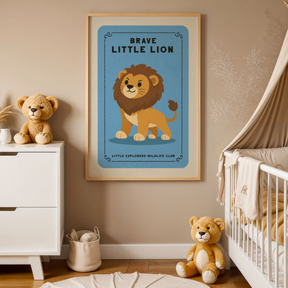 a nursery decorated with a framed poster of a lion, a white dresser, a white crib, and a teddy bear.