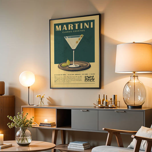 a framed poster of a martini cocktail hanging on a wall in a living room setting.