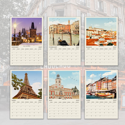 The image is a collage of six calendar pages featuring various pictures of iconic landmarks and cityscapes from different cities around the world.