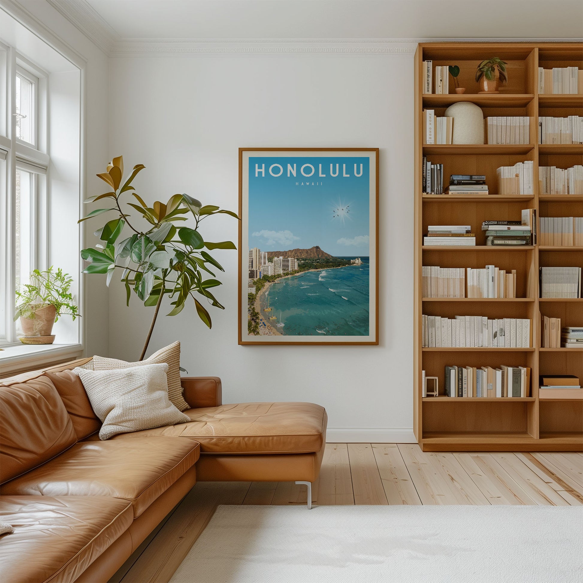 a cozy living room with a large window, a comfortable leather couch, a bookshelf filled with books, and a framed poster of Hawaii on the wall.