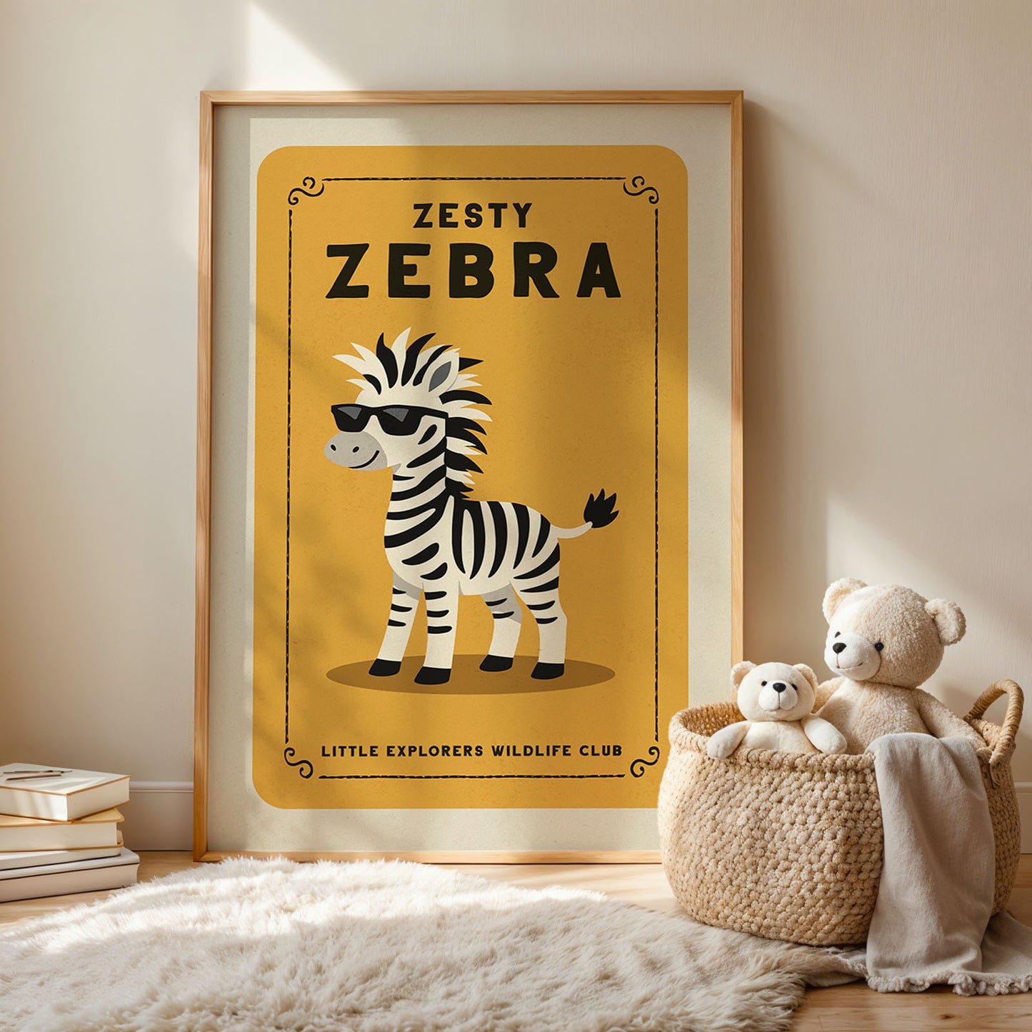 A framed poster of a zebra wearing sunglasses, with the text "ZESTY ZEBRA" and "LITTLE EXPLORERS WILDLIFE CLUB" below it. Next to the poster is a woven basket containing two stuffed animals, and there are some books and a rug on the floor.