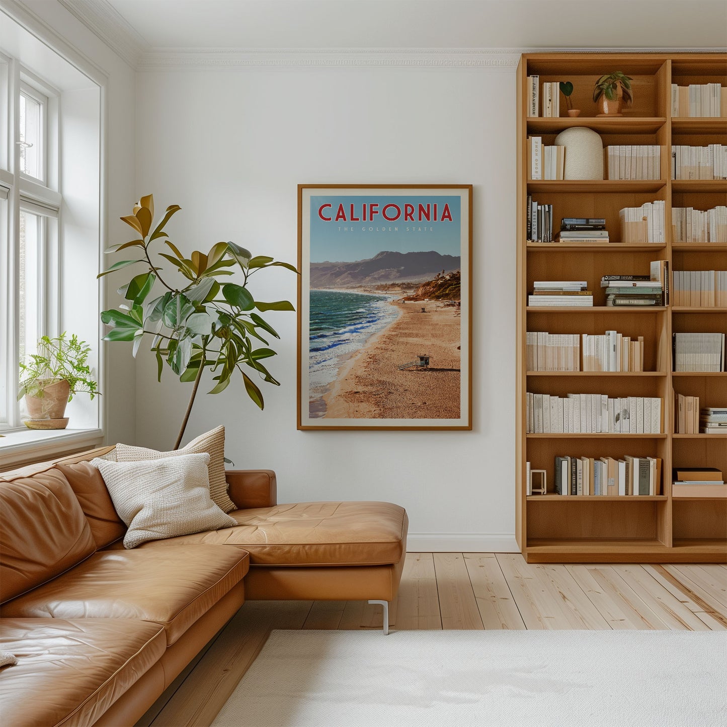a cozy living room with a large bookshelf filled with books, a comfortable leather couch, and a framed poster of a beach scene hanging on the wall.