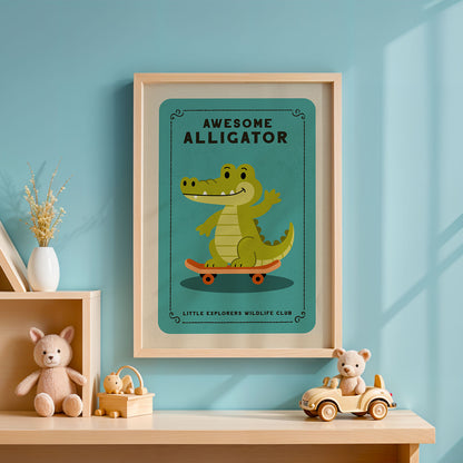 a framed poster of a cartoon alligator on a skateboard, with a wooden shelf below it holding a stuffed animal and a toy car.