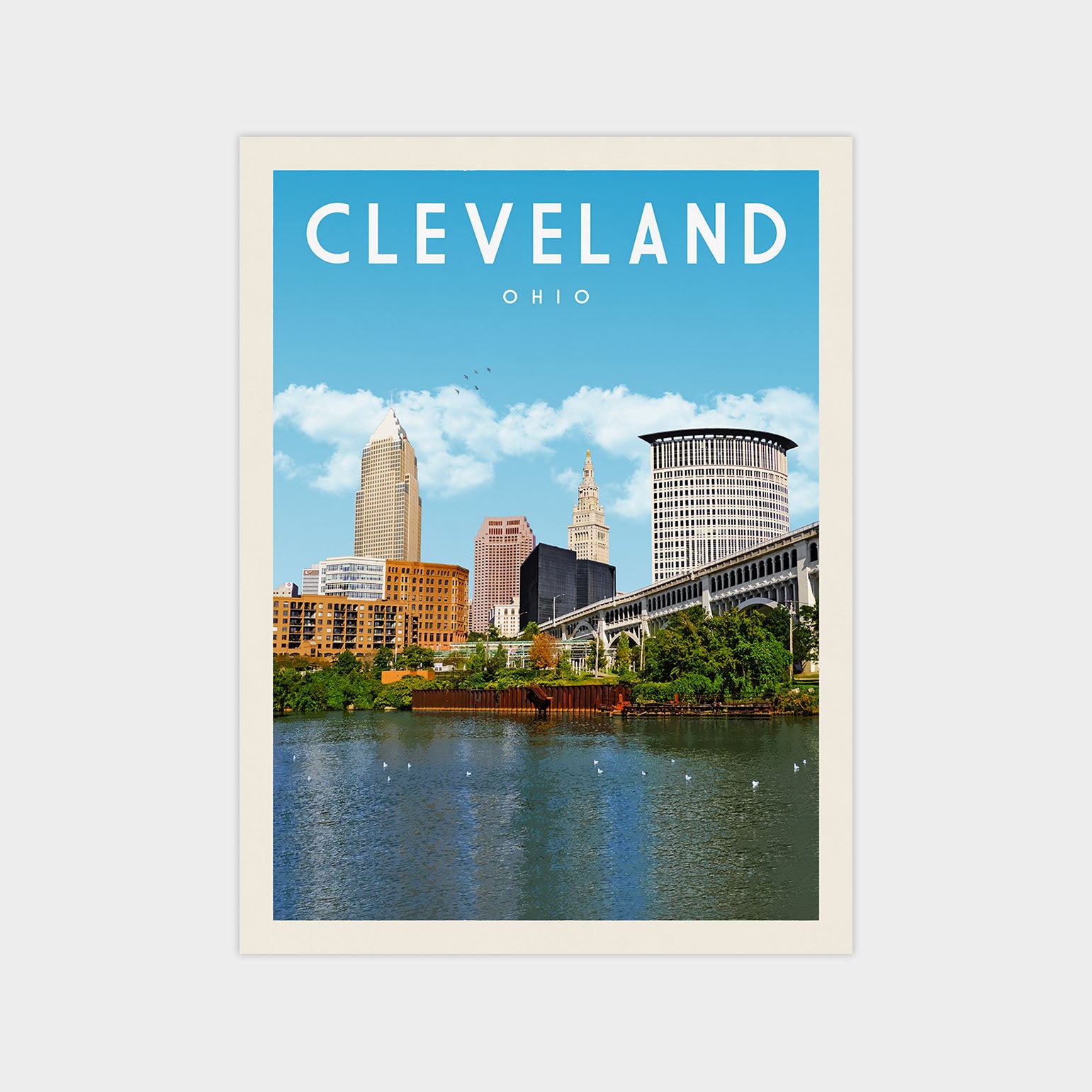 A poster of the Cleveland, Ohio skyline, featuring the city's iconic skyscrapers and landmarks, with a body of water in the foreground.
