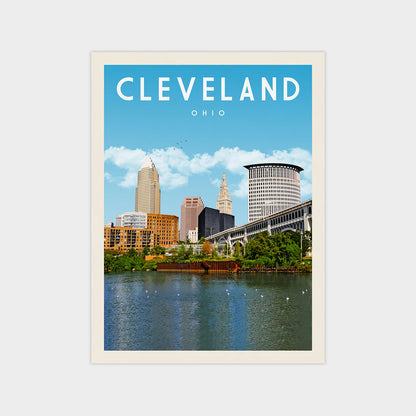 A poster of the Cleveland, Ohio skyline, featuring the city's iconic skyscrapers and landmarks, with a body of water in the foreground.