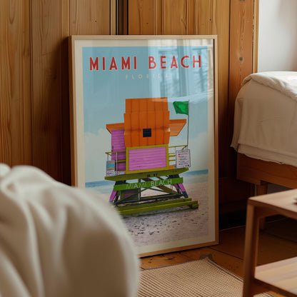 A framed poster of a lifeguard tower on Miami Beach, with the text "MIAMI BEACH" prominently displayed.