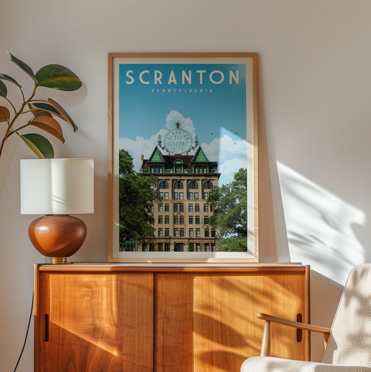 a framed poster of a building with a green roof and a sign that says "Scranton, Pennsylvania", placed on a wooden cabinet in a room with a lamp and a plant.