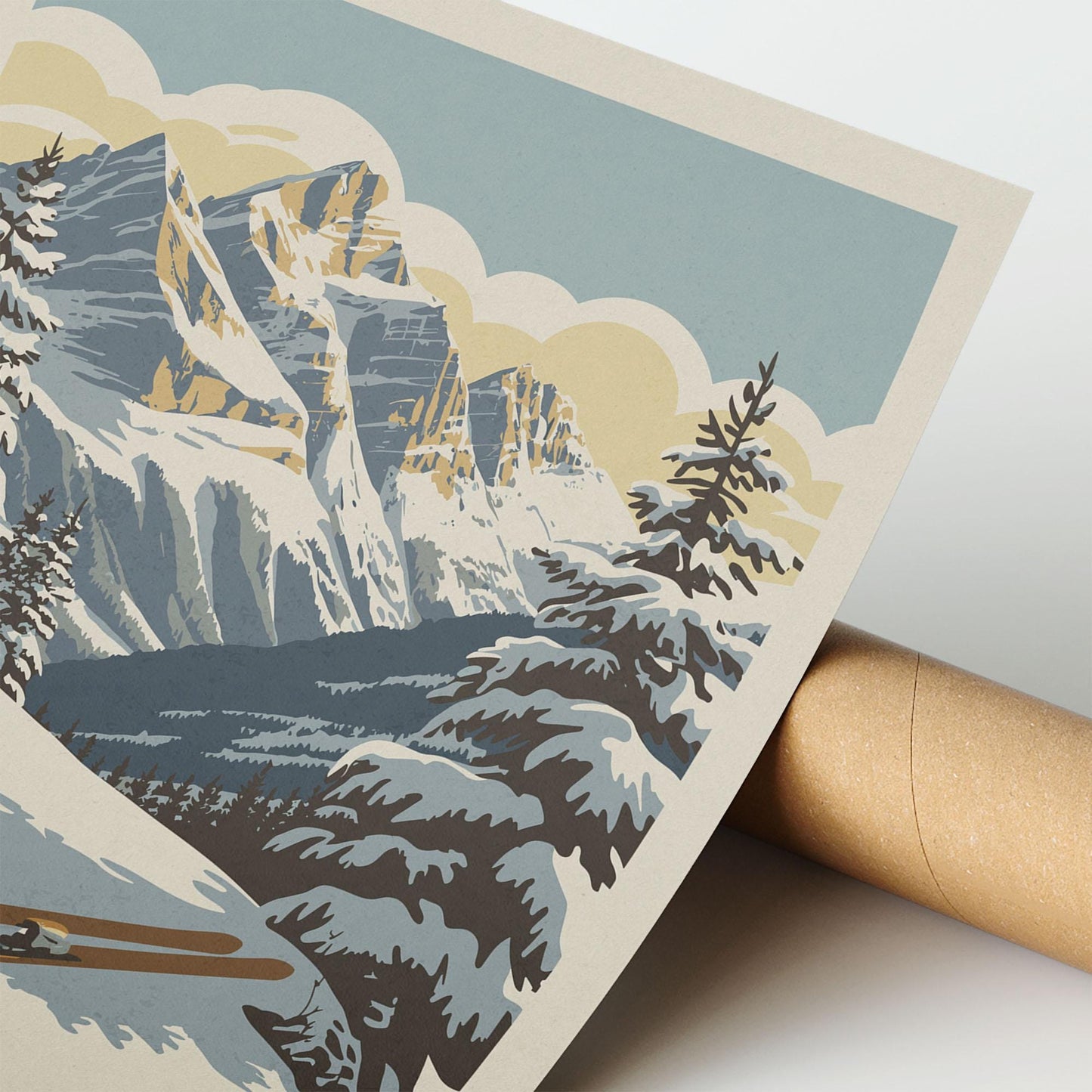 A vintage-style illustration depicting a snowy mountain landscape with a lake and pine trees.