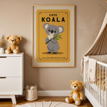 a nursery decorated with a framed poster of a koala, a white dresser, a white crib, and a teddy bear.