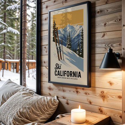 A framed poster of a snowy mountain landscape with skiers is hanging on a wooden wall, accompanied by a lit candle and a cozy couch in a cabin-like setting.
