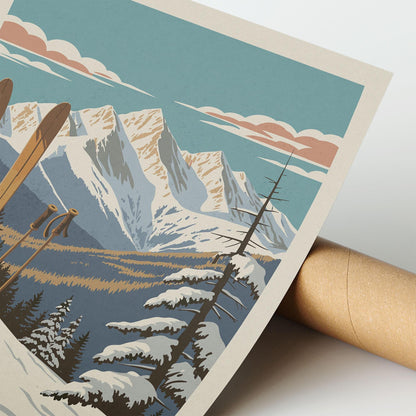 A vintage-style illustration depicting a snowy mountain landscape with ski equipment and a cloudy sky.