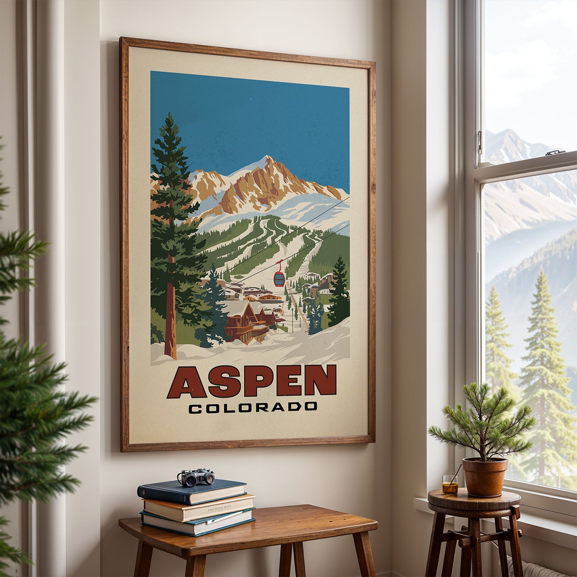 a framed poster of a mountain landscape with the text "Aspen, Colorado" prominently displayed. The poster is hanging on a wall, and there is a small table with a plant and some books in front of it.