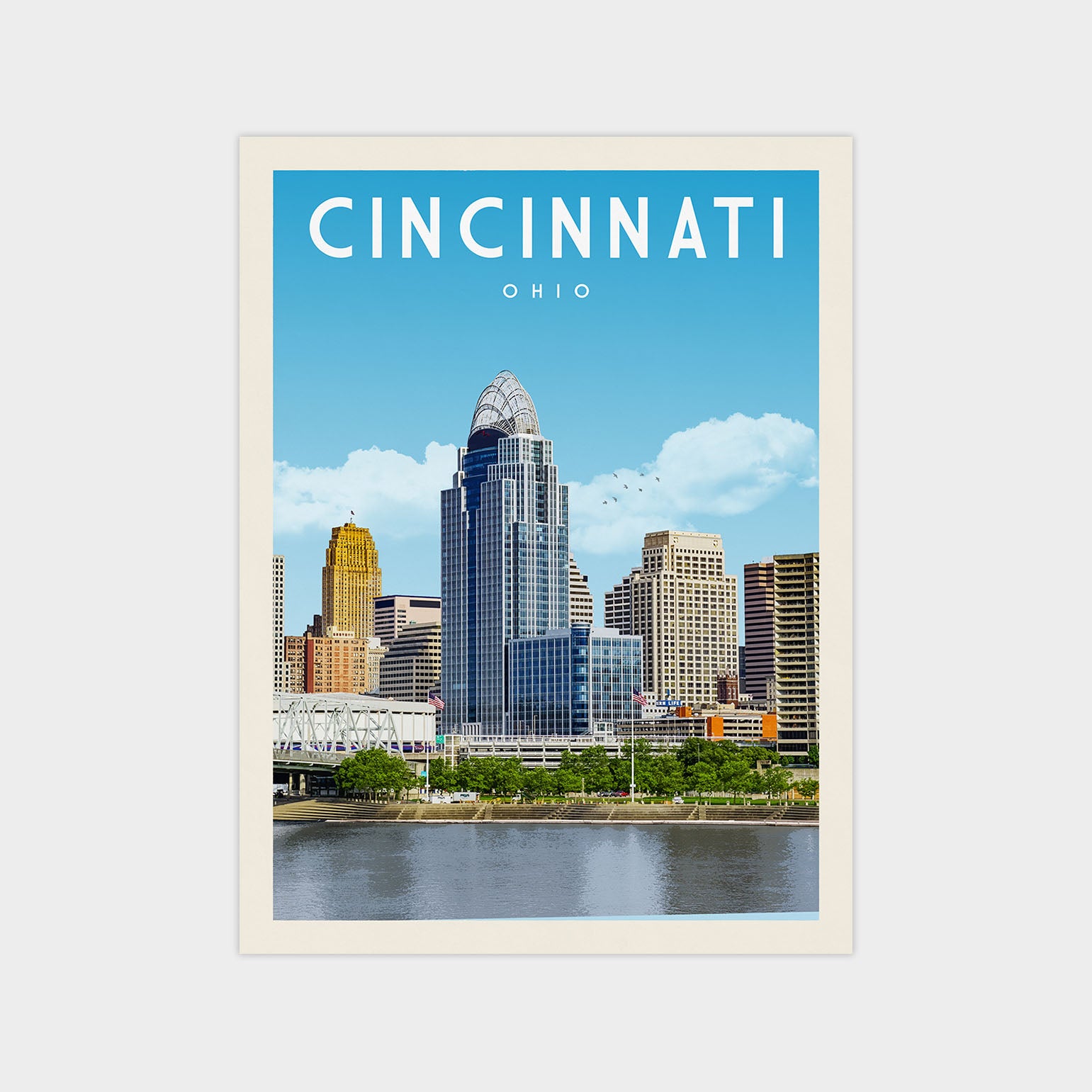 A poster of the Cincinnati skyline, featuring the city's iconic skyscrapers and landmarks, with a body of water in the foreground.
