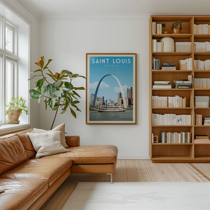 a cozy living room with a large window, a brown leather sofa, a framed poster of the St. Louis arch, and a bookshelf filled with books.